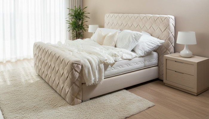 Lit double beige Mobilier de chambre moderne Lit en tissu luxueux et élégant