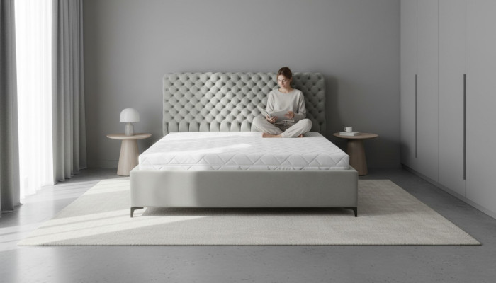 Lit Chesterfield gris classique, design de meubles de chambre élégant en tissu.