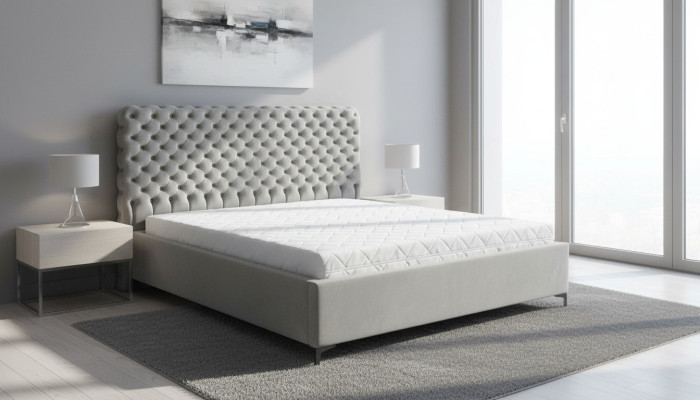 Lit Chesterfield gris classique, design de meubles de chambre élégant en tissu.