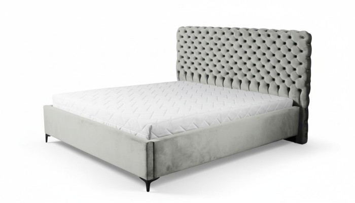 Lit Chesterfield gris classique, design de meubles de chambre élégant en tissu.