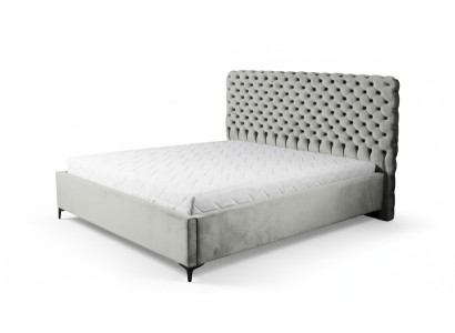 Lit Chesterfield gris classique, design de meubles de chambre élégant en tissu.