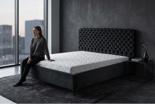 Lit Chesterfield noir, design classique de meubles de chambre à coucher en tissu