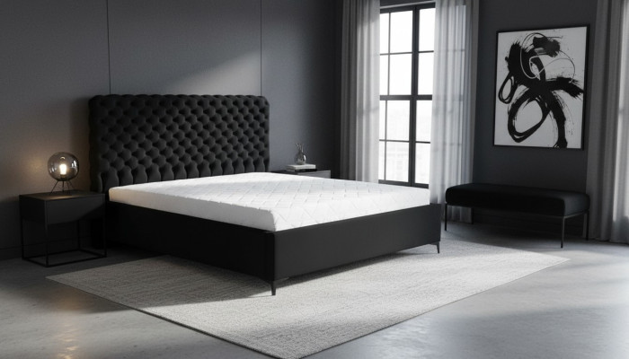 Lit Chesterfield noir, design classique de meubles de chambre à coucher en tissu