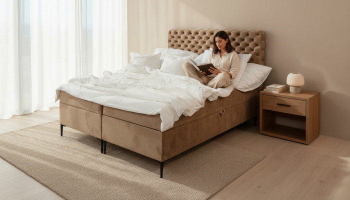 Lit double de luxe Chesterfield marron avec sommier à ressorts, chambre à coucher lits