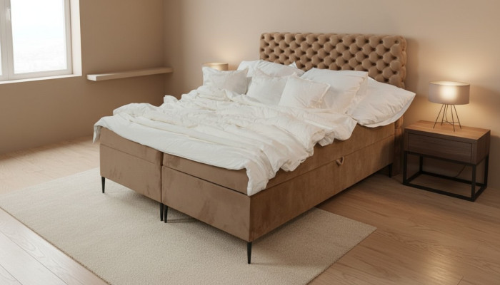 Lit double de luxe Chesterfield marron avec sommier à ressorts, chambre à coucher lits