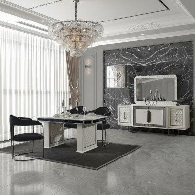 Salle à manger Ensemble Table à manger 4x Chaises Fauteuil de table Buffet Miroir 7 pièces