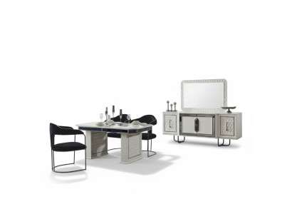 Salle à manger Ensemble Table à manger 4x Chaises Fauteuil de table Buffet Miroir 7 pièces