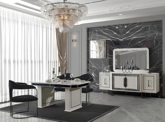 Ensemble de salle à manger moderne Table à manger blanche 6 chaises bahut blanc Miroir neuf