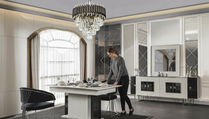 Salle à manger de luxe Ensembles de salle à manger Table à manger avec 6x fauteuils Commode Miroir 8 pièces