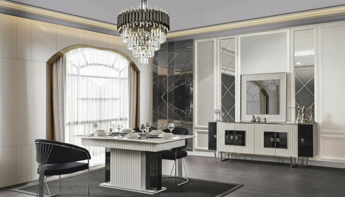 Salle à manger de luxe Ensembles de salle à manger Table à manger avec 6x fauteuils Commode Miroir 8 pièces