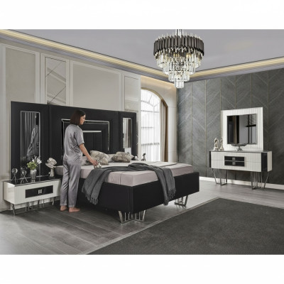 Meubles de chambre à coucher Lit de luxe Textile avec Tables de nuit Commode Miroir 5 pièces