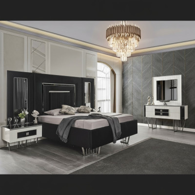 Meubles de chambre à coucher Lit de luxe Textile avec Tables de nuit Commode Miroir 5 pièces
