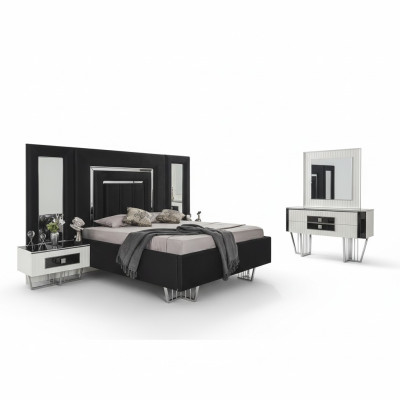 Meubles de chambre à coucher Lit de luxe Textile avec Tables de nuit Commode Miroir 5 pièces
