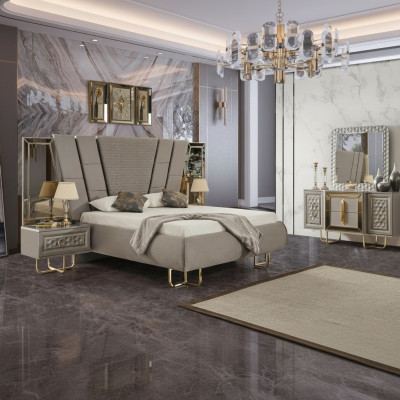 Mobilier de chambre de villa Lit Lit double 2x tables de chevet Commode Miroir 5 pièces