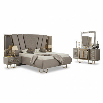 Mobilier de chambre de villa Lit Lit double 2x tables de chevet Commode Miroir 5 pièces