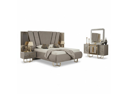 Mobilier de chambre de villa Lit Lit double 2x tables de chevet Commode Miroir 5 pièces