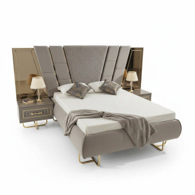 Lits de l'hôtel de luxe avec 2x table de chevet Or brillant Mobilier Chambre