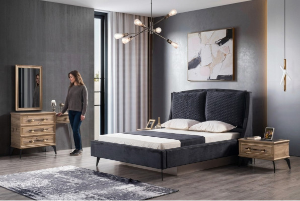 Ensemble de chambre à coucher moderne de luxe en 4 pièces lit 2 tables de chevet commode INCLUSE