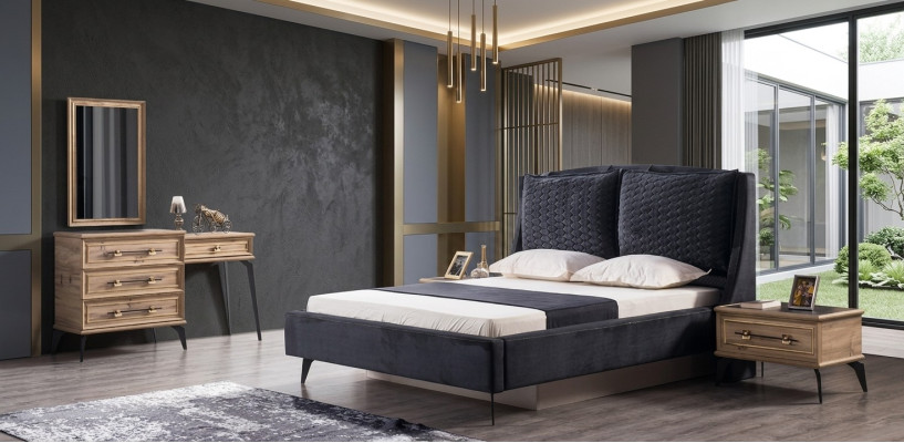 Ensemble de chambre à coucher moderne de luxe en 4 pièces lit 2 tables de chevet commode INCLUSE