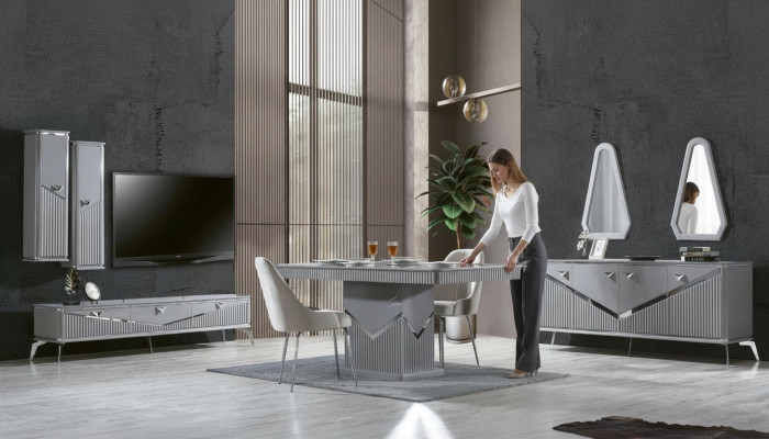 Ensemble de salle à manger moderne gris   4 chaises Miroir Buffet Étagère 9 pièces