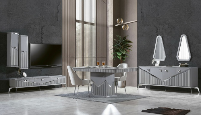 Ensemble de salle à manger moderne gris   4 chaises Miroir Buffet Étagère 9 pièces