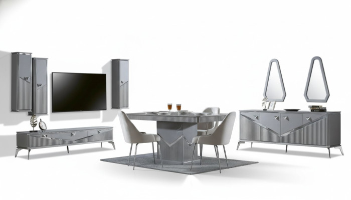 Ensemble de salle à manger moderne gris   4 chaises Miroir Buffet Étagère 9 pièces