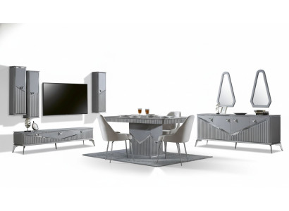 Ensemble de salle à manger moderne gris   4 chaises Miroir Buffet Étagère 9 pièces