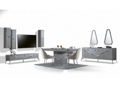 Ensemble de salle à manger moderne gris   4 chaises Miroir Buffet Étagère 9 pièces