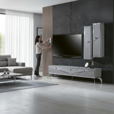Meuble TV buffet bahut support mural de télévision unité murale basse en gris laqué