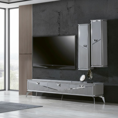 Meuble TV buffet bahut support mural de télévision unité murale basse en gris laqué