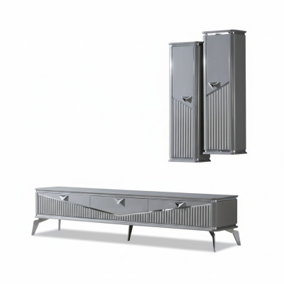 Meuble TV buffet bahut support mural de télévision unité murale basse en gris laqué