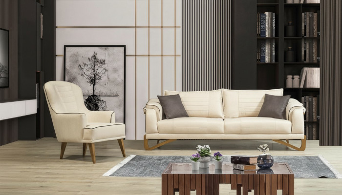 Ensemble de canapés Beige avec structure en bois 3+1 places Ensembles de meubles.