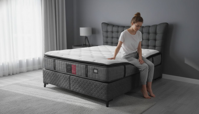 Lit de boîte à ressorts de luxe, lit double incl. Matelas avec motif en toile de Caro gris.