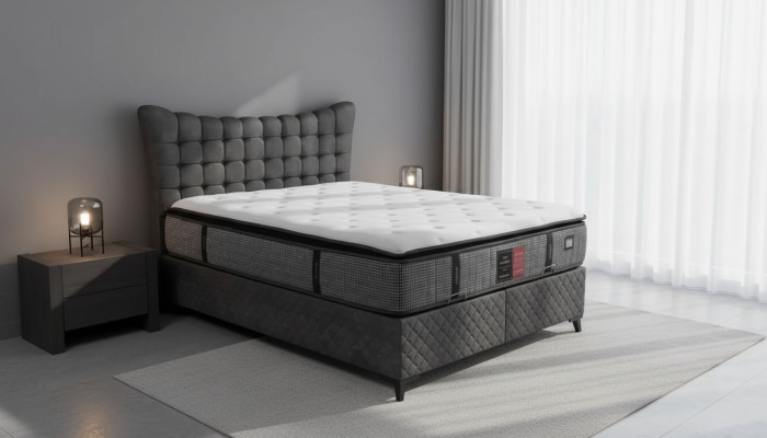 Lit de boîte à ressorts de luxe, lit double incl. Matelas avec motif en toile de Caro gris.