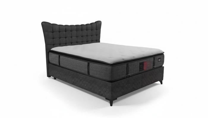 Lit de boîte à ressorts de luxe, lit double incl. Matelas avec motif en toile de Caro gris.