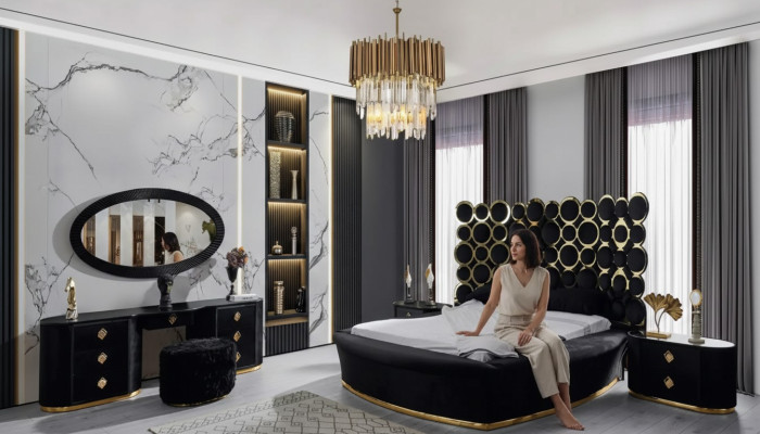 Ensemble de chambre complet Lit de luxe 2x tables de chevet Coiffeuse Miroir 5 pièces