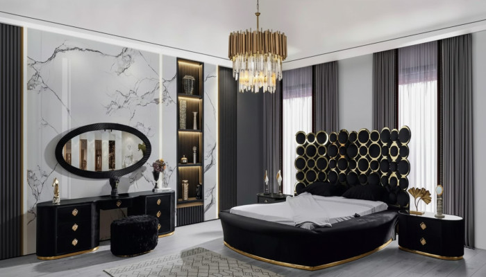 Ensemble de chambre complet Lit de luxe 2x tables de chevet Coiffeuse Miroir 5 pièces