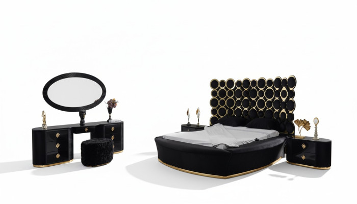 Ensemble de chambre complet Lit de luxe 2x tables de chevet Coiffeuse Miroir 5 pièces