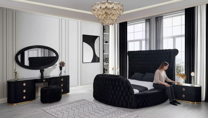 Chambre Noire Ensemble Lit 2x Tables de chevet Coiffeuse Chesterfield 5 pièces