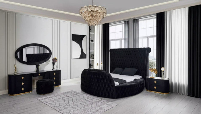 Chambre Noire Ensemble Lit 2x Tables de chevet Coiffeuse Chesterfield 5 pièces
