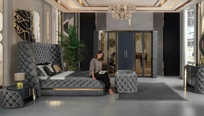 Ensemble de chambre Chesterfield, lit, 2 tables de chevet, coiffeuse, armoire, 5 pièces.