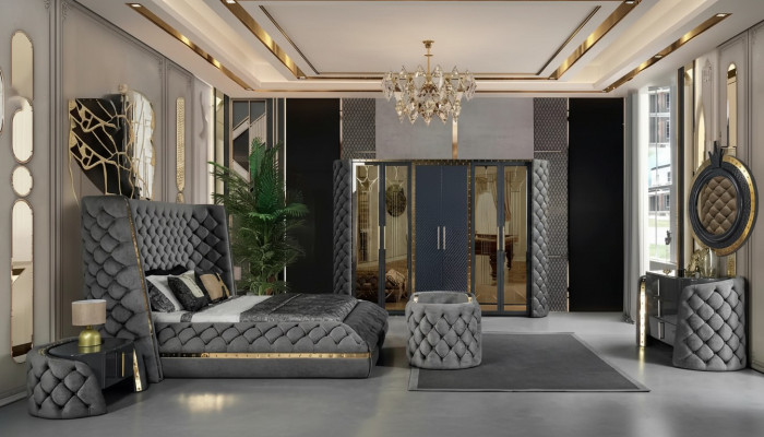 Ensemble de chambre Chesterfield, lit, 2 tables de chevet, coiffeuse, armoire, 5 pièces.