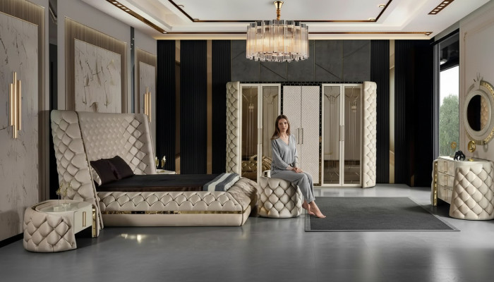 Ensemble de chambre à coucher Chesterfield Design Meuble Lit Armoire Miroir 7 pièces.