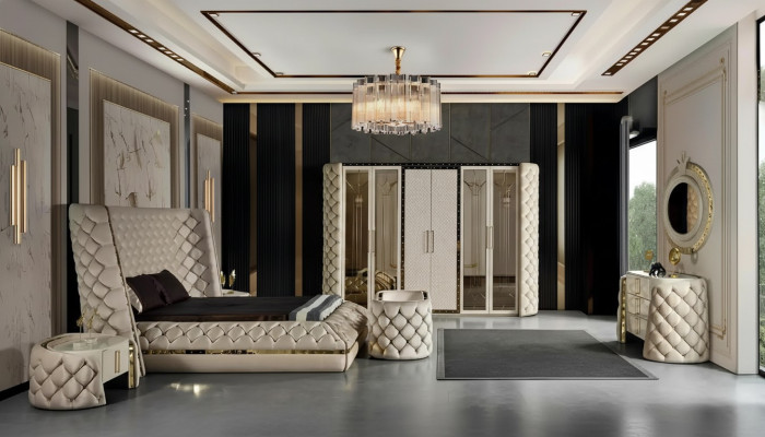 Ensemble de chambre à coucher Chesterfield Design Meuble Lit Armoire Miroir 7 pièces.