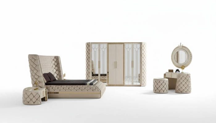 Ensemble de chambre à coucher Chesterfield Design Meuble Lit Armoire Miroir 7 pièces.