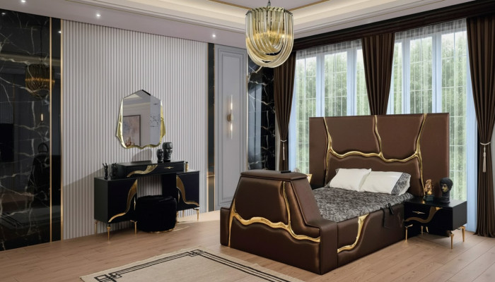 Ensemble de chambre de luxe Lit Table de chevet Or Coiffeuse Tables de chevet 5 pièces