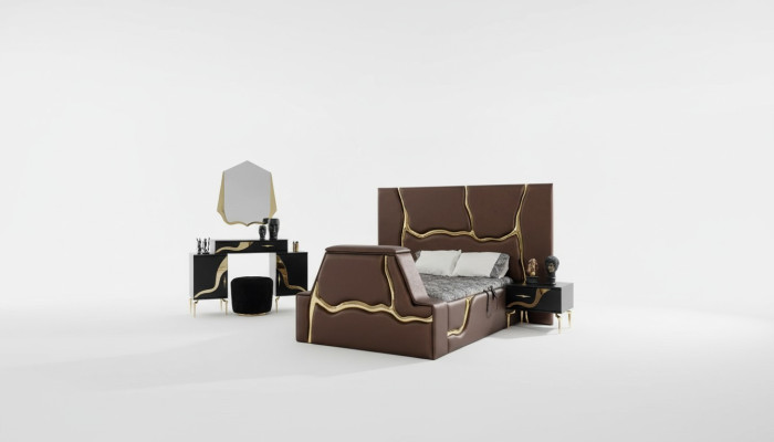 Ensemble de chambre de luxe Lit Table de chevet Or Coiffeuse Tables de chevet 5 pièces