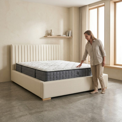 Lit beige Lit double Bois Moderne Élégant Lit Tissu d'ameublement Chambre à coucher nouvelle