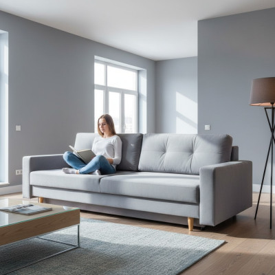 Canapé 3 places confortable, fonctionnel et extensible de couleur gris clair de style moderne.