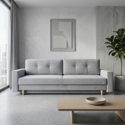 Canapé 3 places confortable, fonctionnel et extensible de couleur gris clair de style moderne.